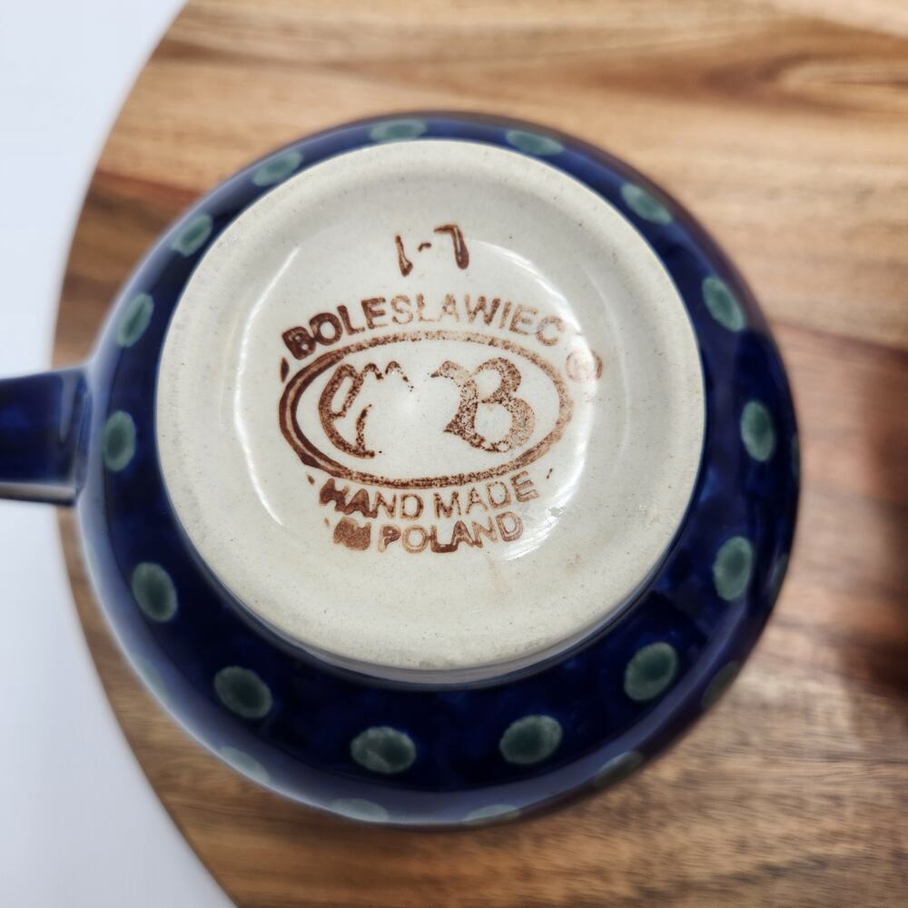Pair Boleslawiec Polish Pottery Mugs Hand Made Cobalt Blue Greek Key Dot READ - Picture 8 of 10